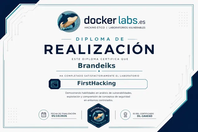 Diploma de DockerLabs por resolver la máquina FirstHacking