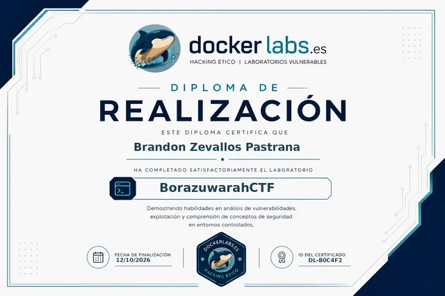 Diploma de DockerLabs por resolver la máquina BorazuwarahCTF