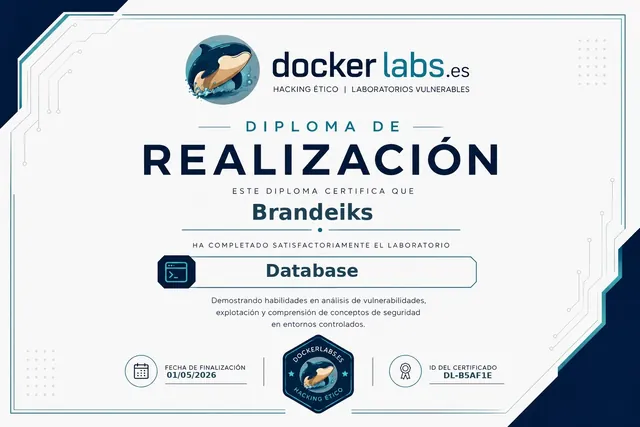 Diploma de DockerLabs por resolver la máquina Database