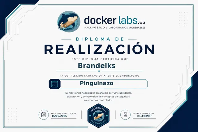 Diploma de DockerLabs por resolver la máquina Pinguinazo