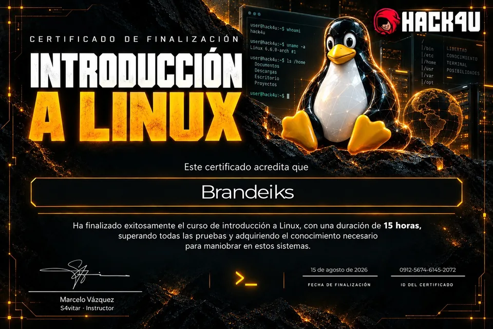 Certificado de Hack4u por finalizar el curso Introducción a Linux