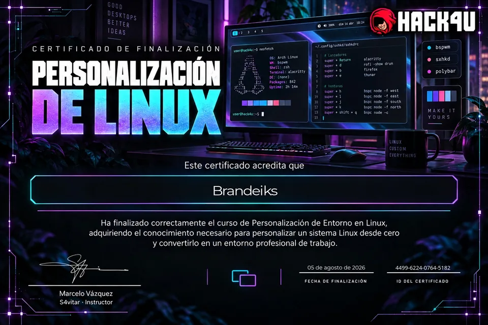 Certificado de Hack4u por finalizar el curso Personalización de Linux