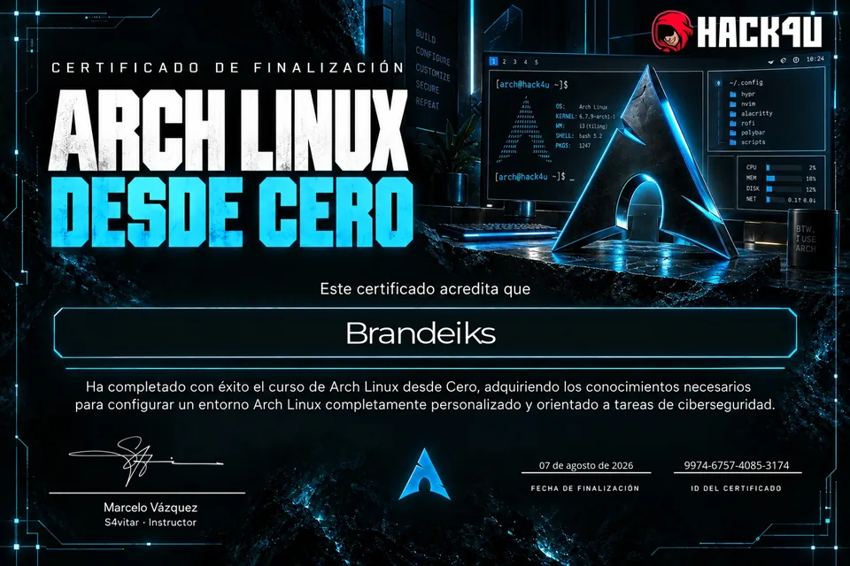 Certificado de Hack4u por finalizar el curso Arch Linux desde Cero