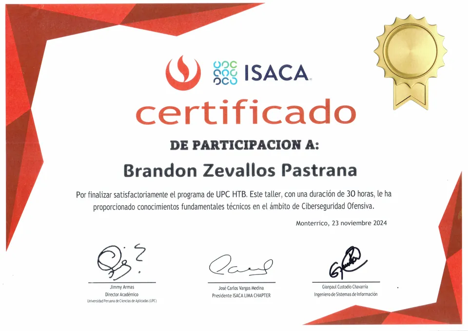 Certificado de participación de la UPC e ISACA por el programa UPC HTB, taller de Ciberseguridad Ofensiva de 30 horas