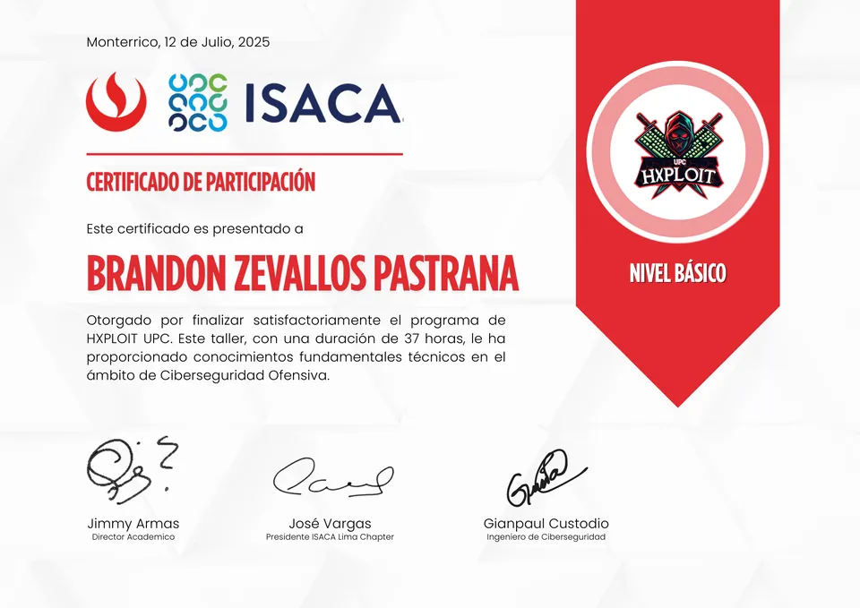 Certificado de participación de la UPC e ISACA por el programa HXPLOIT UPC, nivel básico, taller de Ciberseguridad Ofensiva de 37 horas