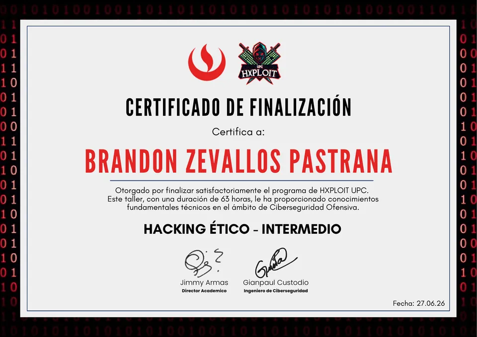 Certificado de finalización de la UPC por el programa HXPLOIT UPC, Hacking Ético intermedio, taller de Ciberseguridad Ofensiva de 63 horas