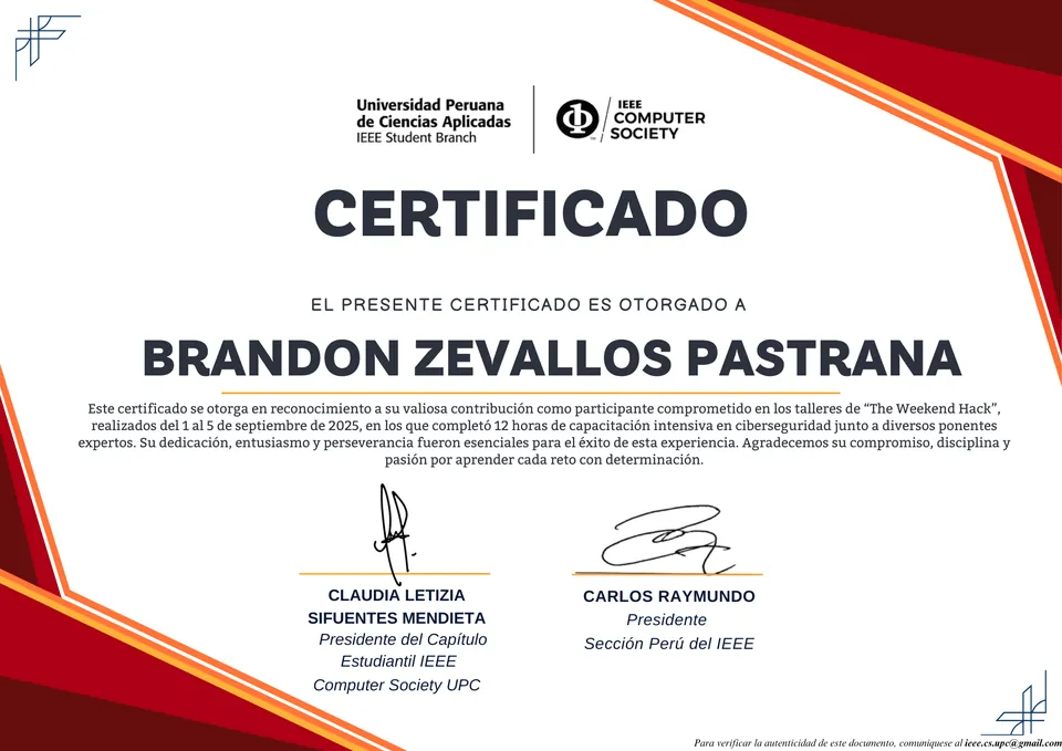Certificado de participación del Capítulo Estudiantil IEEE Computer Society UPC en los talleres de ciberseguridad de The Weekend Hack 2025, 12 horas